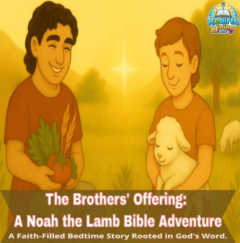 Illustration of two boys holding a lamb and vegetables with a sunset background, featuring the 'Rebirth Living' logo. The Brothers’ Offering – Noah the Lamb Christian bedtime storybook, coming soon