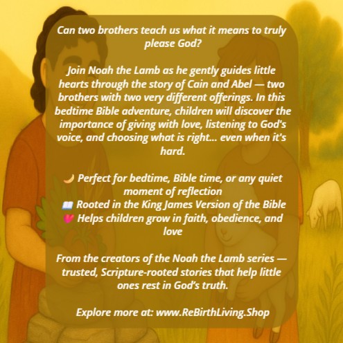Promotional graphic for a children's book or story about Cain and Abel, featuring two figures and text. The Brothers’ Offering – Noah the Lamb Christian bedtime storybook, coming soon