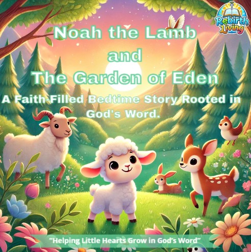 Book cover of 'Noah the Lamb and The Garden of Eden' with cartoon animals and a colorful forest background. Noah the Lamb and the Garden of Eden – bedtime story of Adam and Eve based on the KJV Bible, from Noah the Lamb’s Bedtime Bible Adventures by ReBirth Living