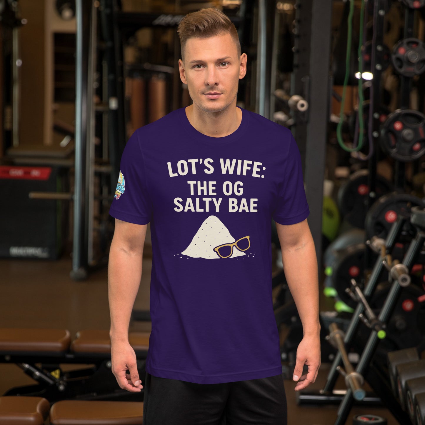 Model waring a Lot's Wife The OG Salty Bae – funny Christian t-shirt, purple, Bible humor design by ReBirth Living in a gym setting.