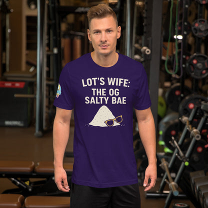 Model waring a Lot's Wife The OG Salty Bae – funny Christian t-shirt, purple, Bible humor design by ReBirth Living in a gym setting.