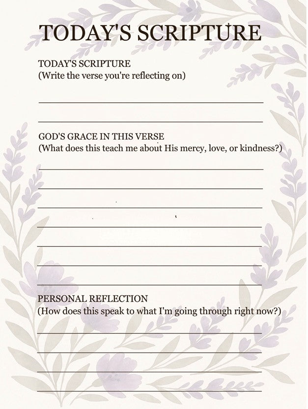 Sheet with prompts for reflecting on a verse, its meaning, and personal connection, surrounded by decorative elements. One of the inside pages of Planted in Grace: A Scripture Reflection Journal – Christian devotional notebook to grow in faith, truth, and prayer by ReBirth Living