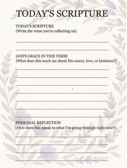 Sheet with prompts for reflecting on a verse, its meaning, and personal connection, surrounded by decorative elements. One of the inside pages of Planted in Grace: A Scripture Reflection Journal – Christian devotional notebook to grow in faith, truth, and prayer by ReBirth Living
