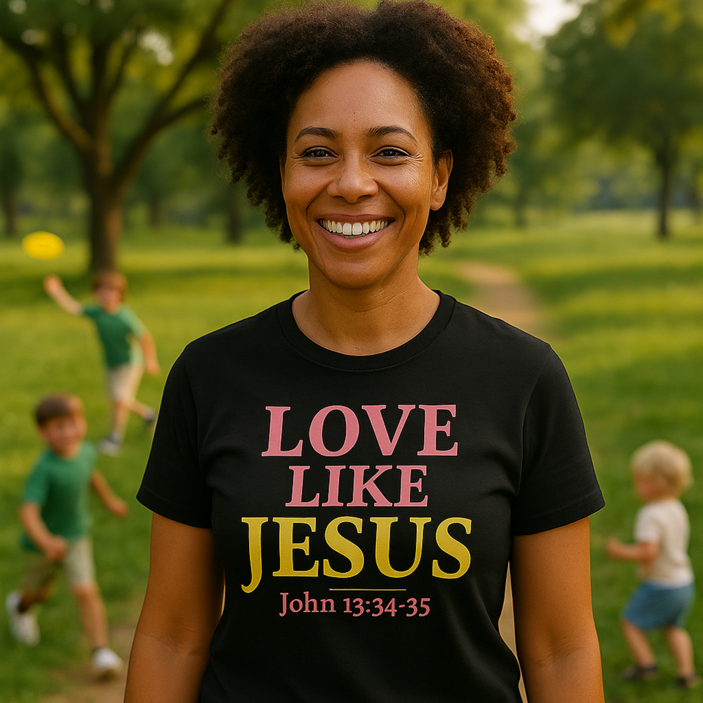 A woman smiling and wearing a black T-shirt with the text 'LOVE LIKE JESUS' in bold letters, with a reference to John 13:34-35 by ReBirth Living