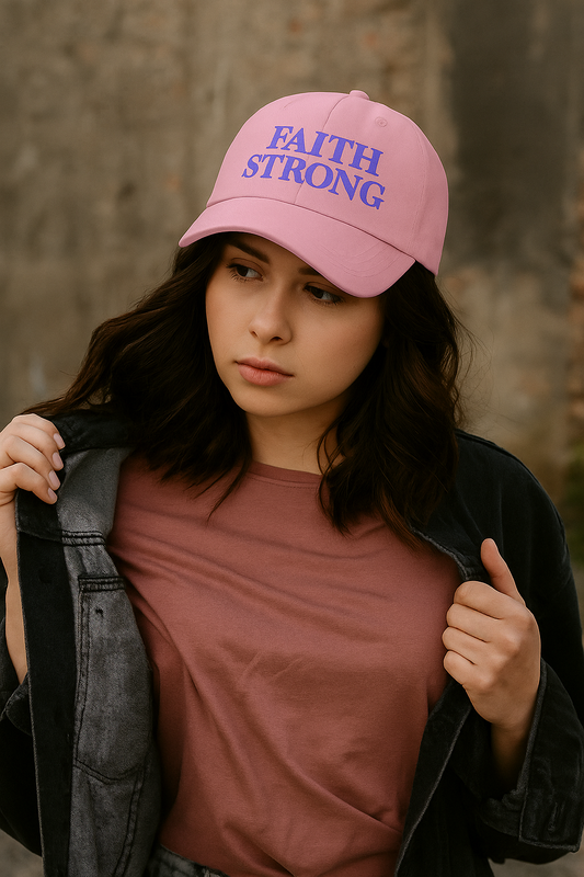 A person wearing a pink cap with 'FAITH STRONG' embroidered in blue by ReBirth Living