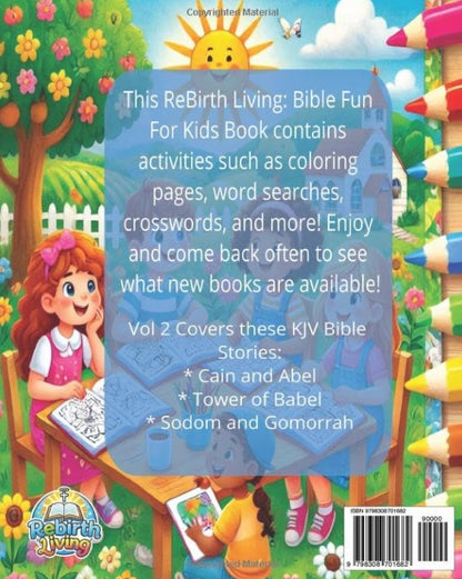 Back cover of a children's book with colorful illustrations and text about activities and Bible stories. Bible Fun for Kids Activity Book Series – Genesis children’s Bible activity and puzzle book by ReBirth Living