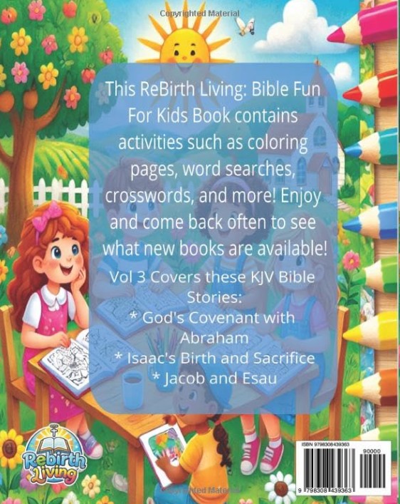Back cover of a children's Bible activity book with colorful illustrations and text. Bible Fun for Kids Activity Book Series – Genesis children’s Bible activity and puzzle book by ReBirth Living