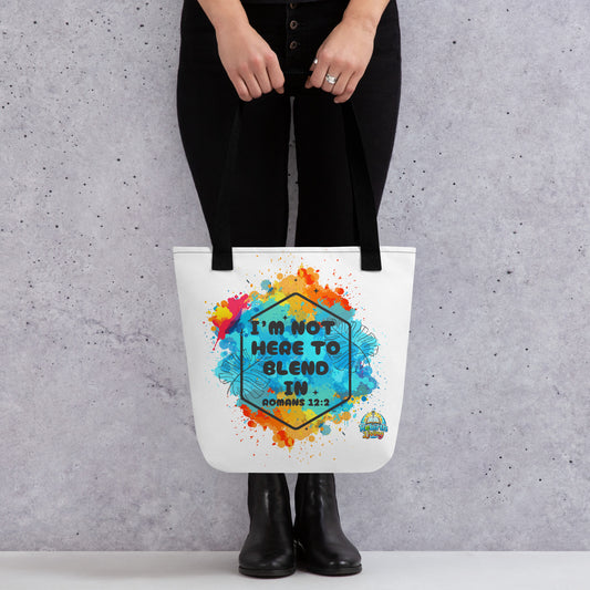A Person holding a I’m Not Here to Blend In Christian canvas tote bag – reusable faith-based carryall, natural cotton, inspirational statement design by ReBirth Living