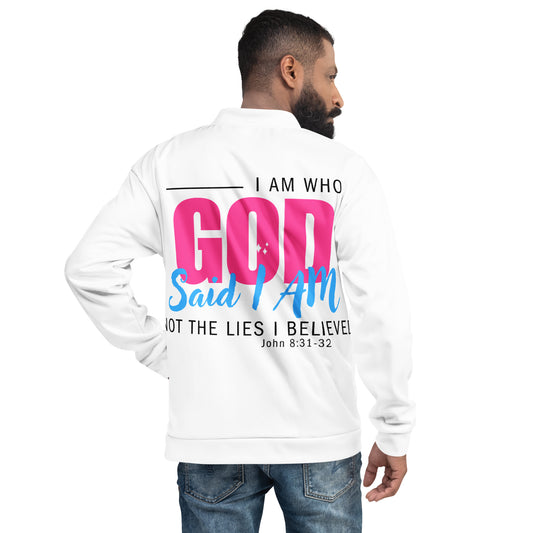 Person wearing a I Am Who God Says I Am Christian unisex bomber jacket – John 8:31–32 KJV scripture design, white, faith-based outerwear by ReBirth Living