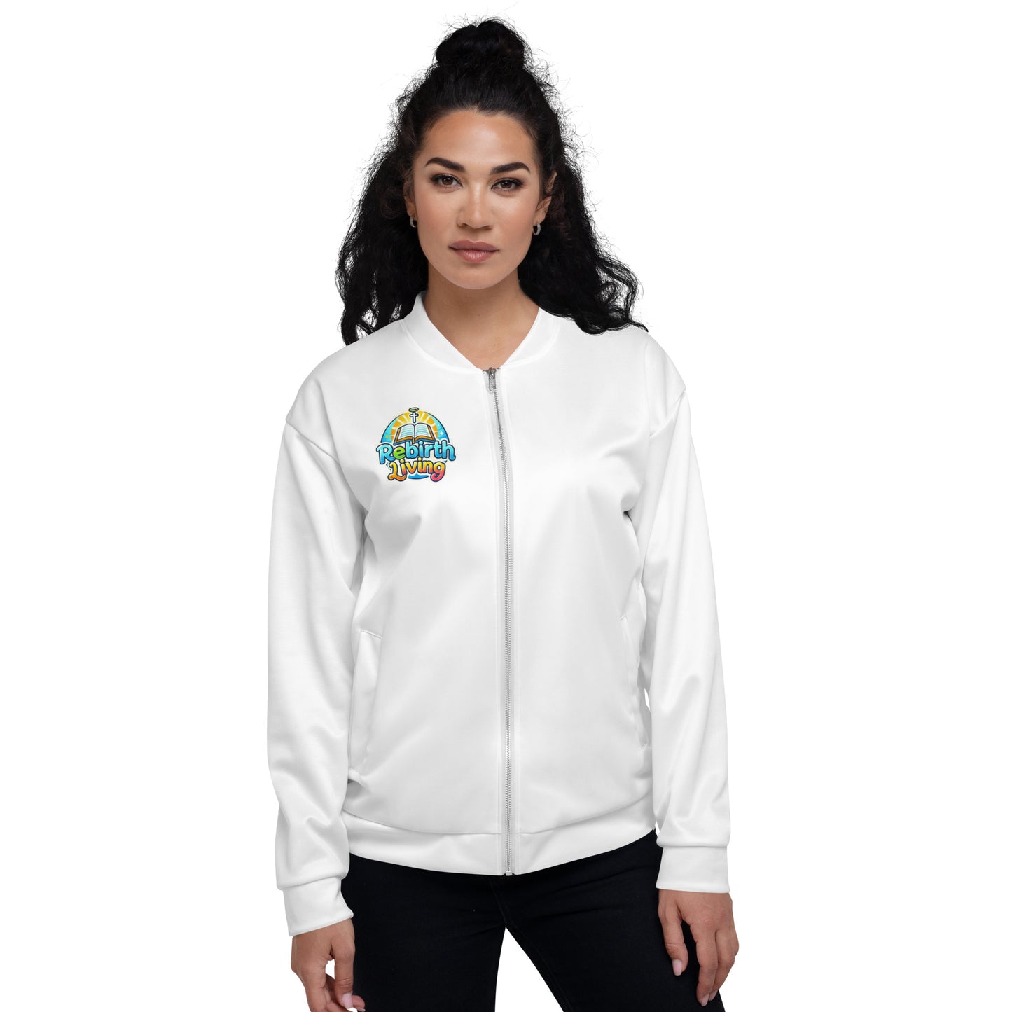 Person wearing a I’m Not Here to Blend In unisex bomber jacket – bold Christian outerwear statement, white, faith-based apparel by ReBirth Living