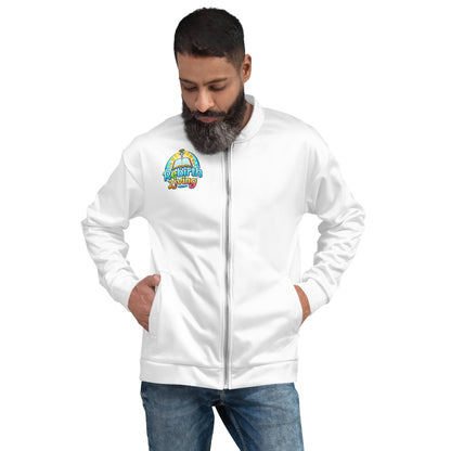 Person wearing a I Am Who God Says I Am Christian unisex bomber jacket – John 8:31–32 KJV scripture design, white, faith-based outerwear by ReBirth Living