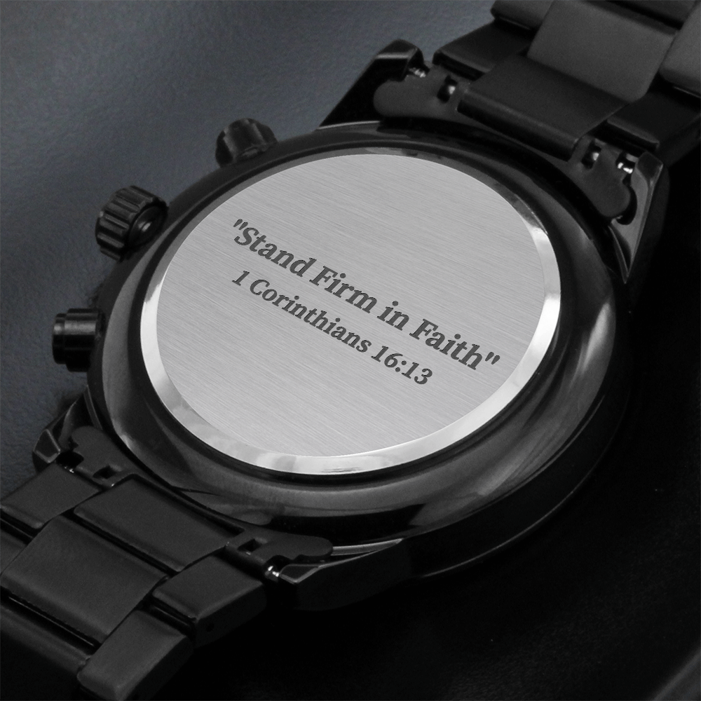 Stand Firm in Faith engraved chronograph watch – 1 Corinthians 16:13 KJV scripture timepiece, men’s Christian gift by ReBirth Living