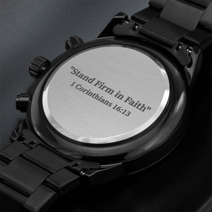Stand Firm in Faith engraved chronograph watch – 1 Corinthians 16:13 KJV scripture timepiece, men’s Christian gift by ReBirth Living