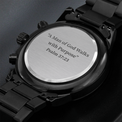 Engraved Black Chronograph Watch for Men – Christian Gift with Psalm 37:23 for Men of Faith
