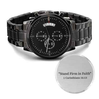 Stand Firm in Faith engraved chronograph watch – 1 Corinthians 16:13 KJV scripture timepiece, men’s Christian gift by ReBirth Living