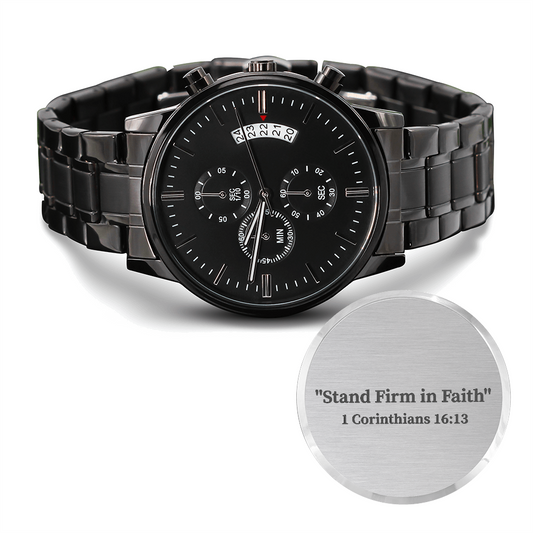 Stand Firm in Faith engraved chronograph watch – 1 Corinthians 16:13 KJV scripture timepiece, men’s Christian gift by ReBirth Living