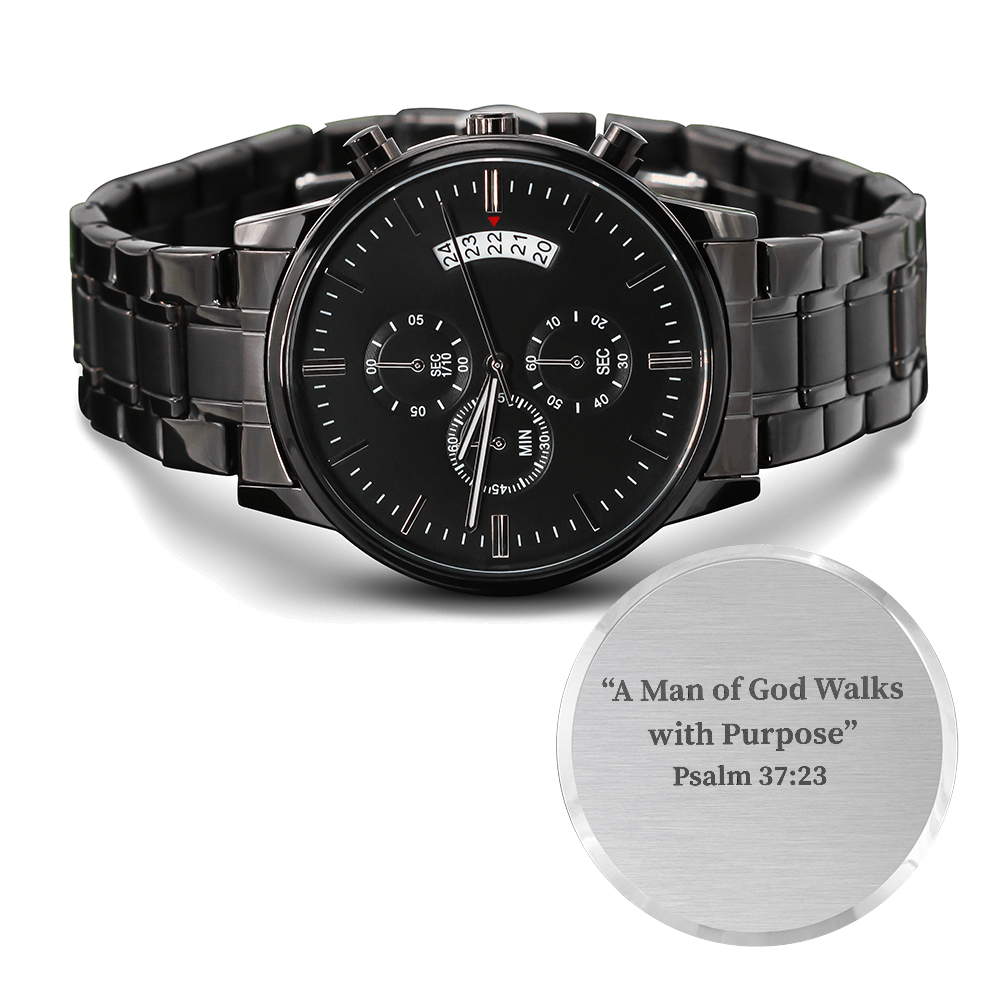 Engraved Black Chronograph Watch for Men – Christian Gift with Psalm 37:23 for Men of Faith