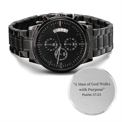 Engraved Black Chronograph Watch for Men – Christian Gift with Psalm 37:23 for Men of Faith