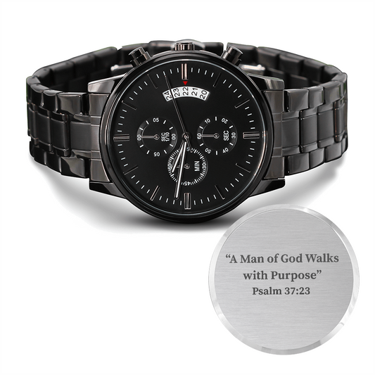 Engraved Black Chronograph Watch for Men – Christian Gift with Psalm 37:23 for Men of Faith