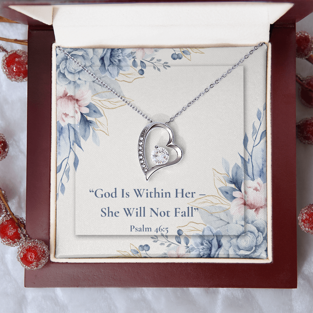 Person holding a God Is Within Her – She Will Not Fall forever love necklace – Psalm 46:5 KJV Christian jewelry gift for women by ReBirth Living