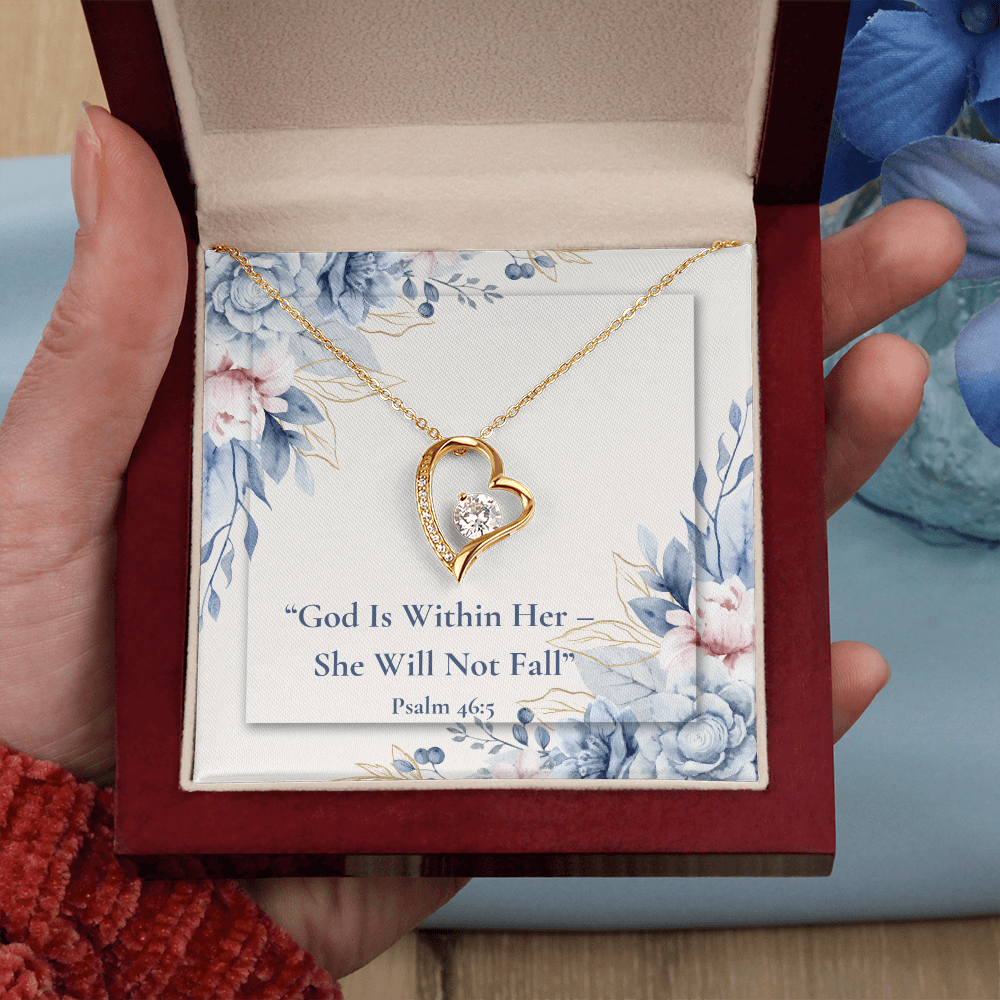 Person holding a God Is Within Her – She Will Not Fall forever love necklace – Psalm 46:5 KJV Christian jewelry gift for women by ReBirth Living