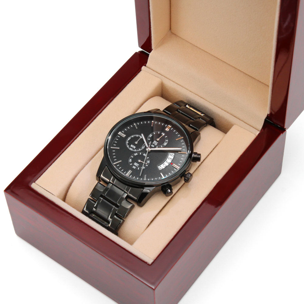 Engraved Black Chronograph Watch for Men – Christian Gift with Psalm 37:23 for Men of Faith