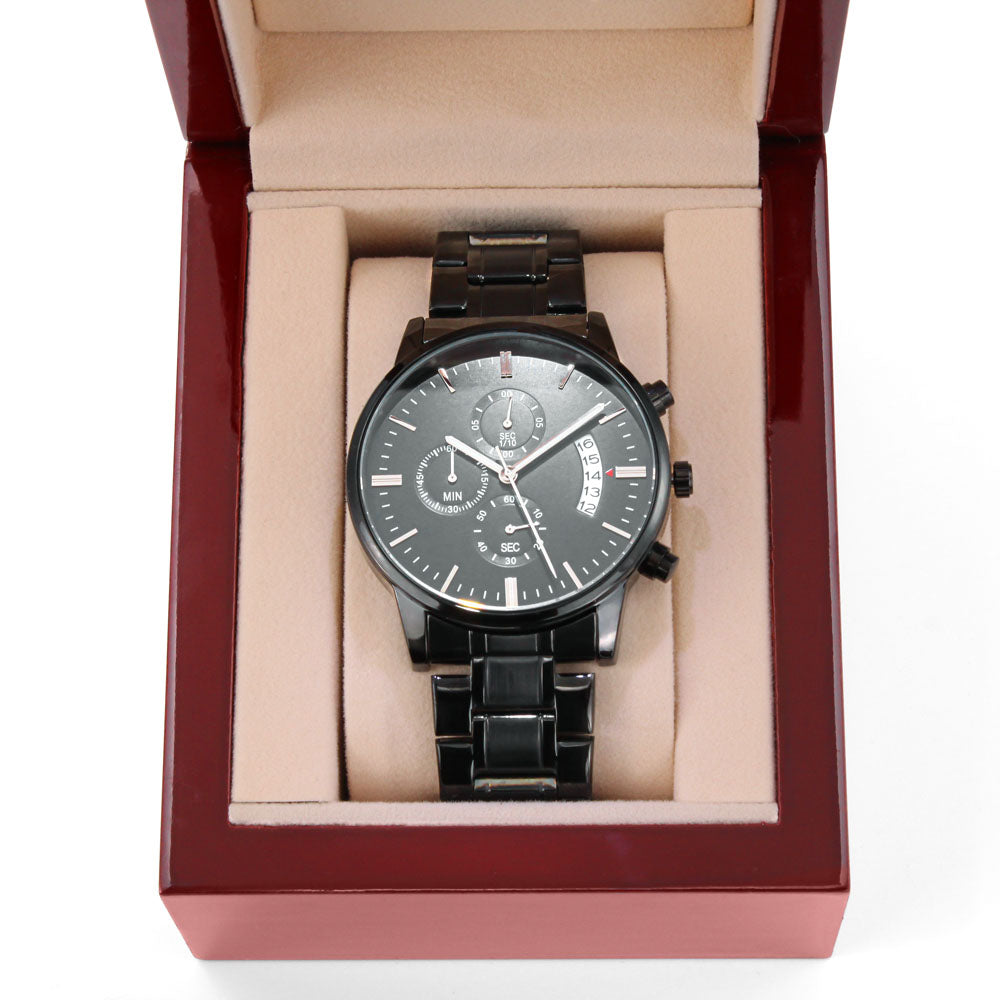 Engraved Black Chronograph Watch for Men – Christian Gift with Psalm 37:23 for Men of Faith