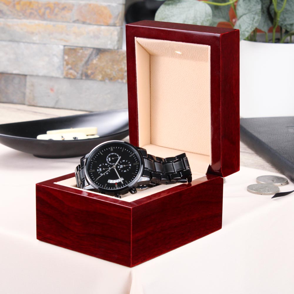 Engraved Black Chronograph Watch for Men – Christian Gift with Psalm 37:23 for Men of Faith