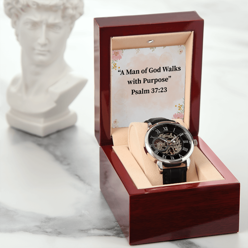 A Man of God Walks with Purpose black chronograph watch – Psalm 37:23 KJV engraved Christian timepiece, men’s faith gift by ReBirth Living