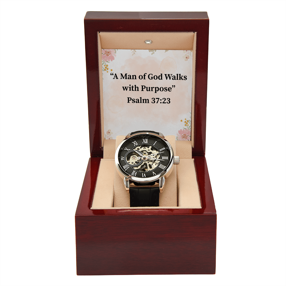 A Man of God Walks with Purpose black chronograph watch – Psalm 37:23 KJV engraved Christian timepiece, men’s faith gift by ReBirth Living