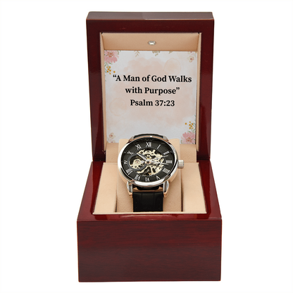 A Man of God Walks with Purpose black chronograph watch – Psalm 37:23 KJV engraved Christian timepiece, men’s faith gift by ReBirth Living