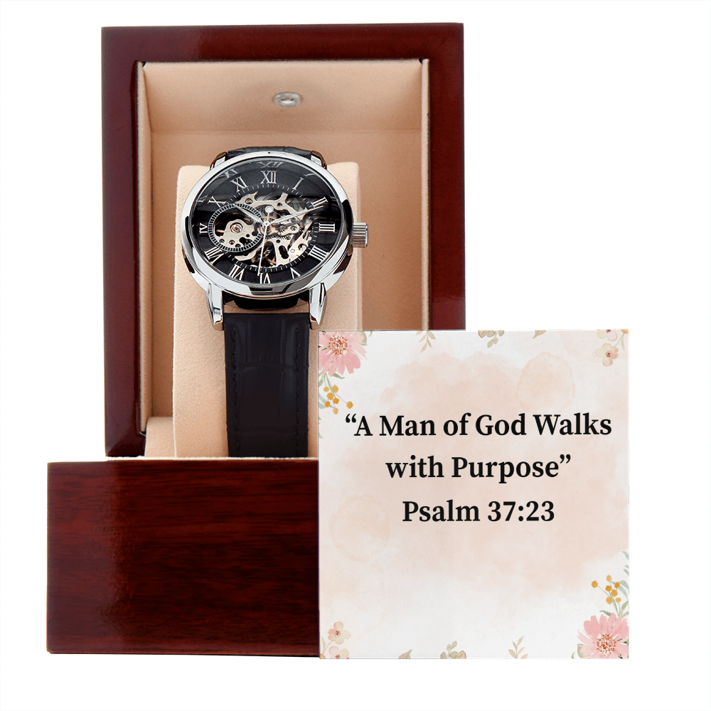 A Man of God Walks with Purpose black chronograph watch – Psalm 37:23 KJV engraved Christian timepiece, men’s faith gift by ReBirth Living