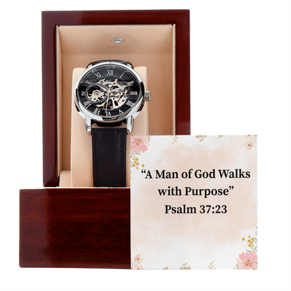 A Man of God Walks with Purpose black chronograph watch – Psalm 37:23 KJV engraved Christian timepiece, men’s faith gift by ReBirth Living