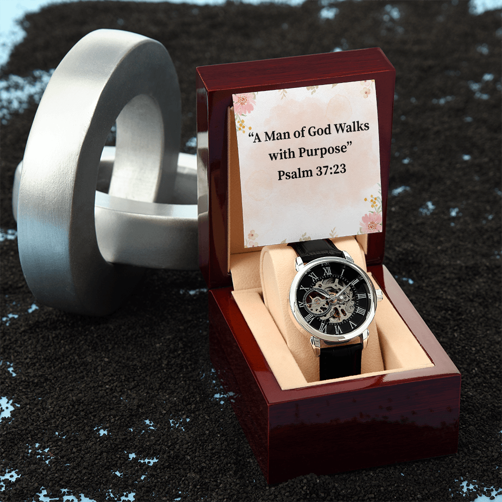 A Man of God Walks with Purpose black chronograph watch – Psalm 37:23 KJV engraved Christian timepiece, men’s faith gift by ReBirth Living