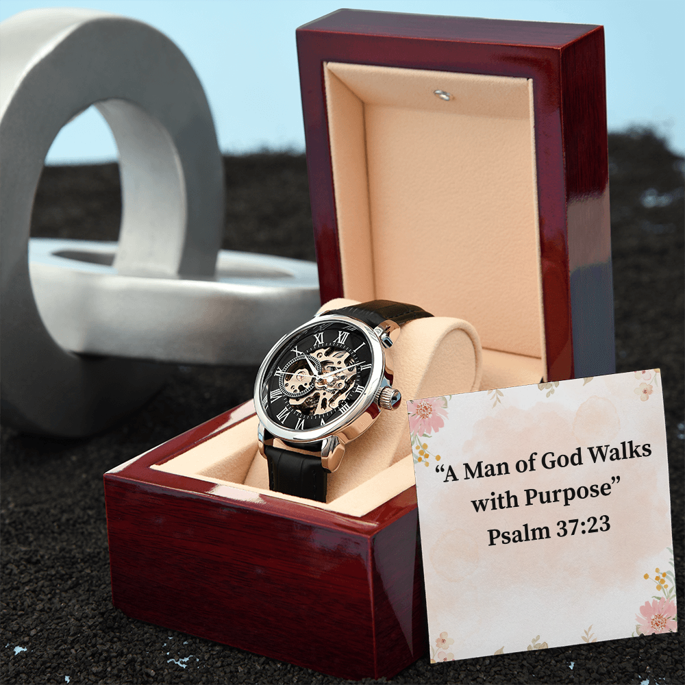 A Man of God Walks with Purpose black chronograph watch – Psalm 37:23 KJV engraved Christian timepiece, men’s faith gift by ReBirth Living