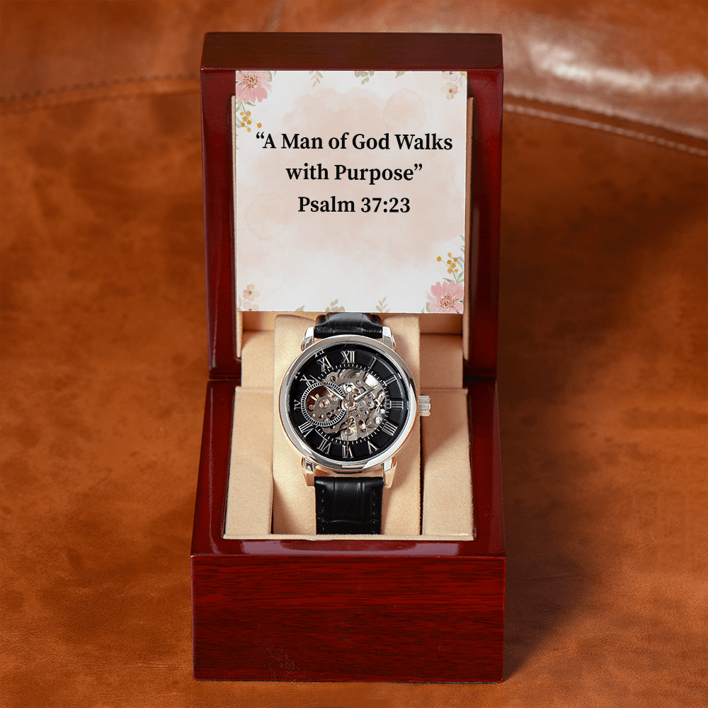 A Man of God Walks with Purpose black chronograph watch – Psalm 37:23 KJV engraved Christian timepiece, men’s faith gift by ReBirth Living