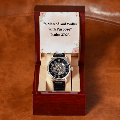 A Man of God Walks with Purpose black chronograph watch – Psalm 37:23 KJV engraved Christian timepiece, men’s faith gift by ReBirth Living