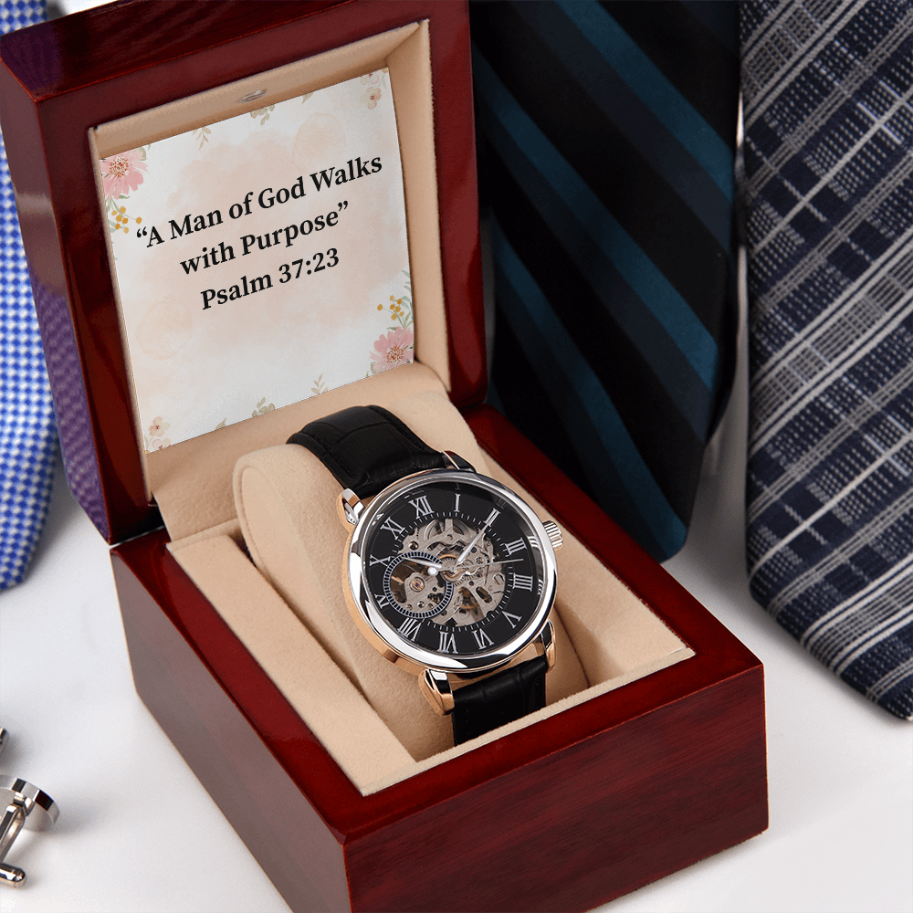 A Man of God Walks with Purpose black chronograph watch – Psalm 37:23 KJV engraved Christian timepiece, men’s faith gift by ReBirth Living