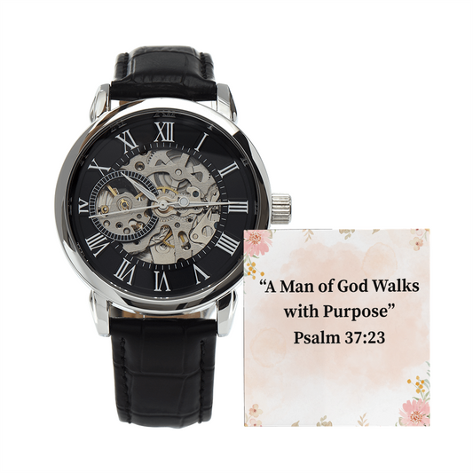 A Man of God Walks with Purpose black chronograph watch – Psalm 37:23 KJV engraved Christian timepiece, men’s faith gift by ReBirth Living