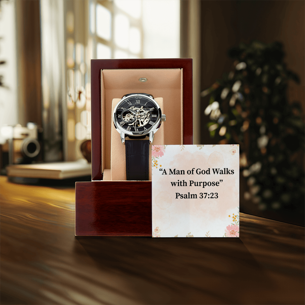 A Man of God Walks with Purpose black chronograph watch – Psalm 37:23 KJV engraved Christian timepiece, men’s faith gift by ReBirth Living