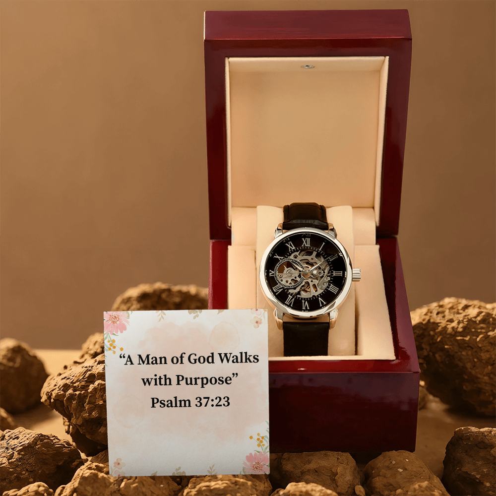 A Man of God Walks with Purpose black chronograph watch – Psalm 37:23 KJV engraved Christian timepiece, men’s faith gift by ReBirth Living