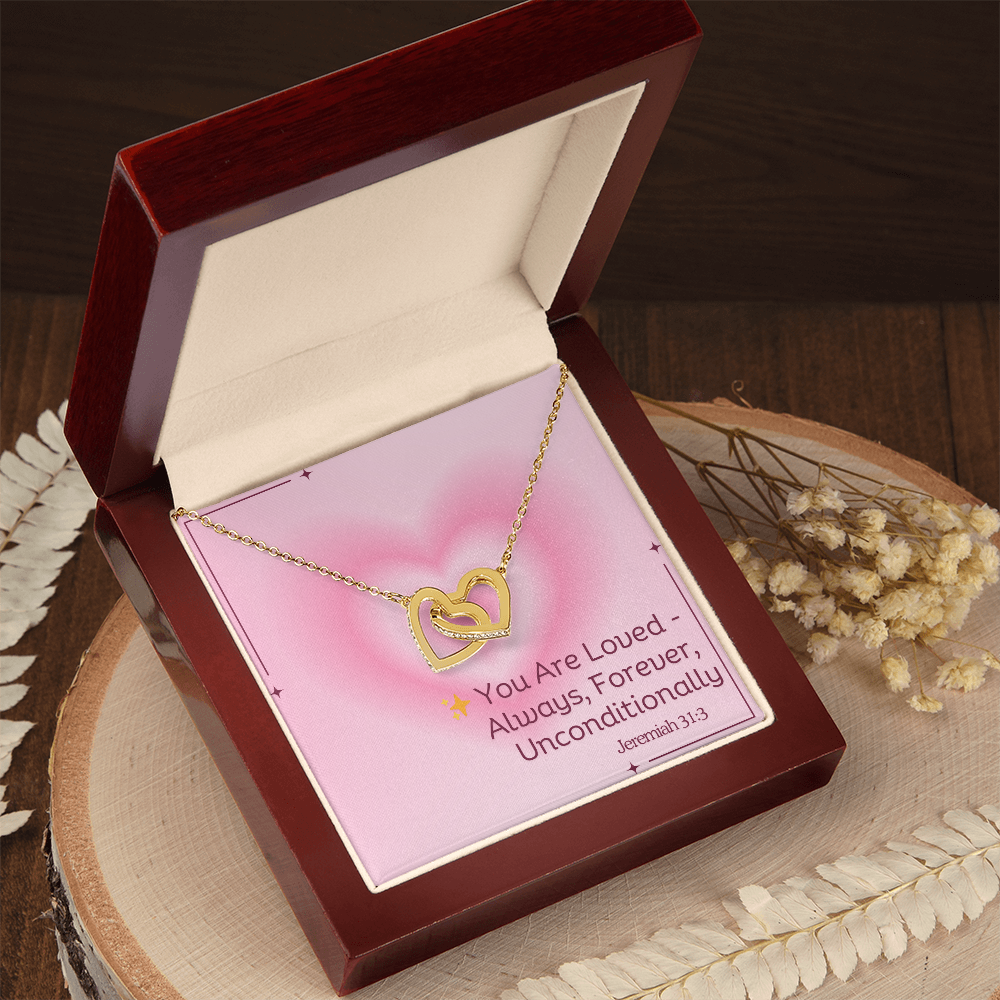 You Are Loved – Always, Forever, Unconditionally interlocking hearts necklace – inspired by Jeremiah 31:3 KJV, Christian jewelry gift for women by ReBirth Living