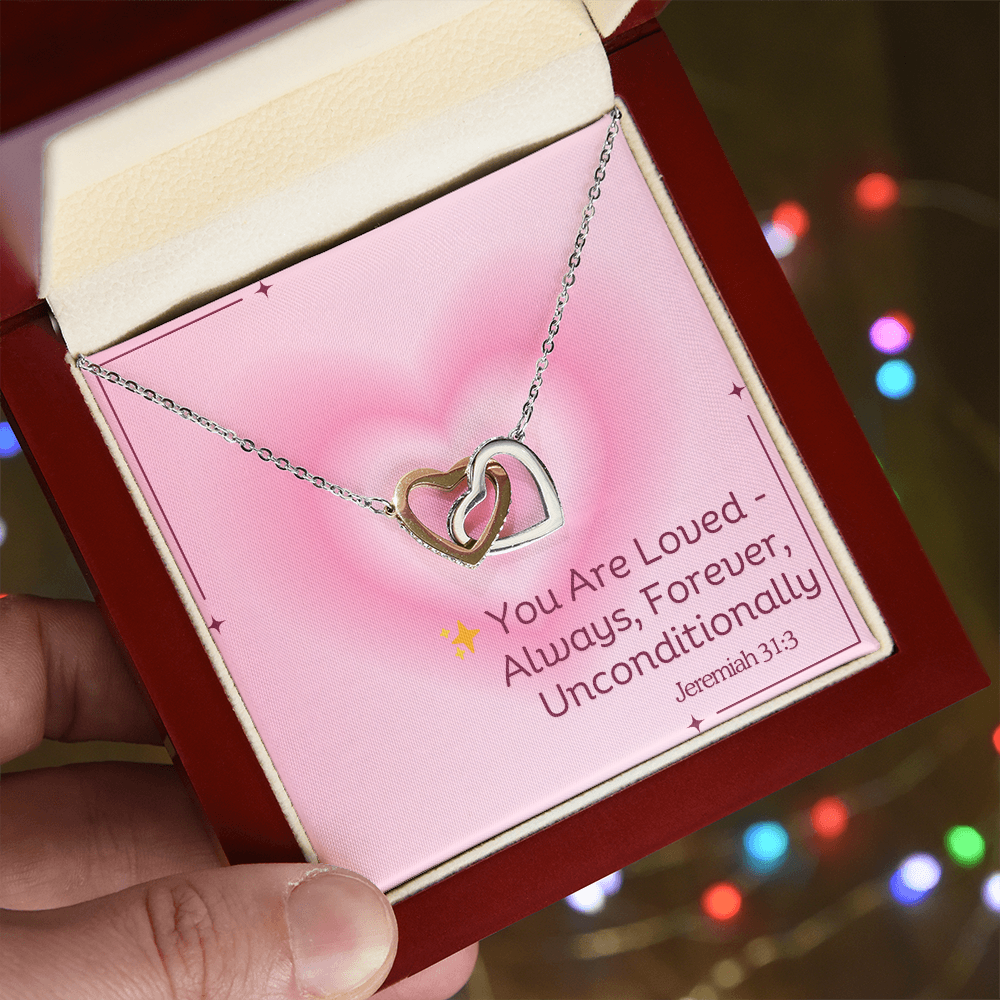 You Are Loved – Always, Forever, Unconditionally interlocking hearts necklace – inspired by Jeremiah 31:3 KJV, Christian jewelry gift for women by ReBirth Living