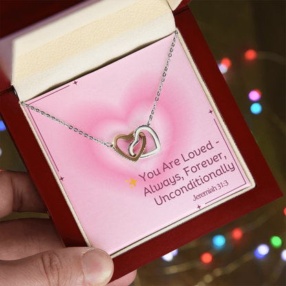 You Are Loved – Always, Forever, Unconditionally interlocking hearts necklace – inspired by Jeremiah 31:3 KJV, Christian jewelry gift for women by ReBirth Living