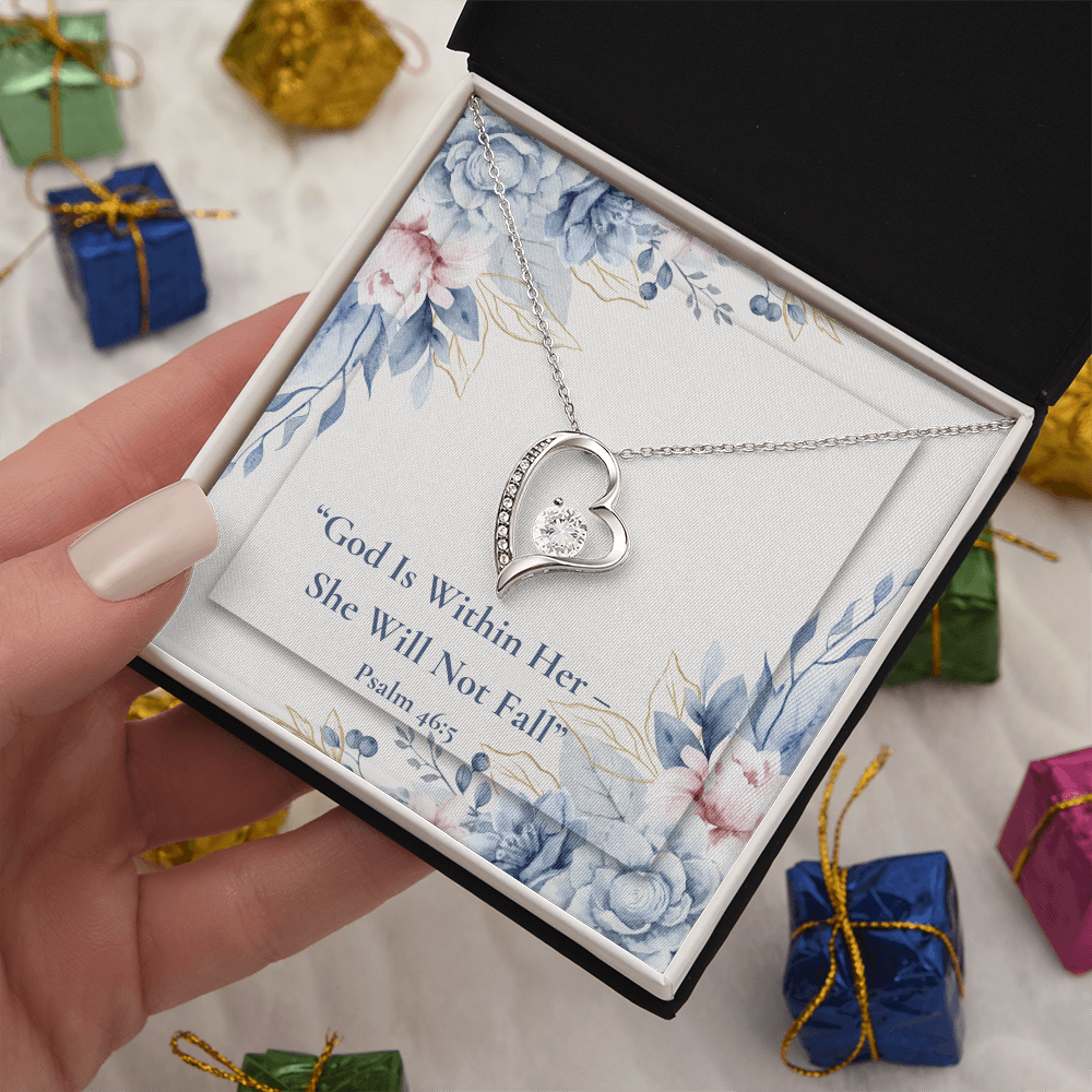 Person holding a God Is Within Her – She Will Not Fall forever love necklace – Psalm 46:5 KJV Christian jewelry gift for women by ReBirth Living