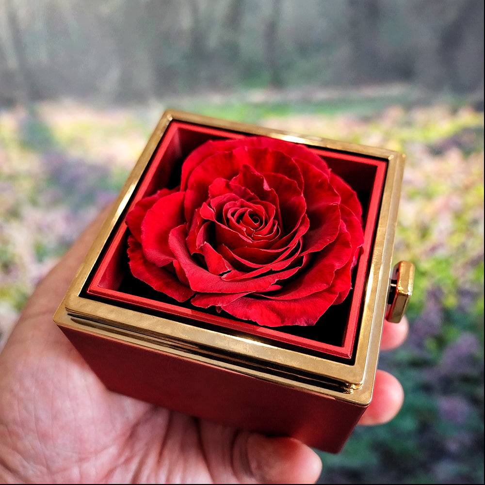 To My Wife – You Are a Gift from God love knot necklace – Proverbs 18:22 KJV Christian jewelry gift for wives by ReBirth Living. Person holding a golden jewelry box with a red flower bud on top.