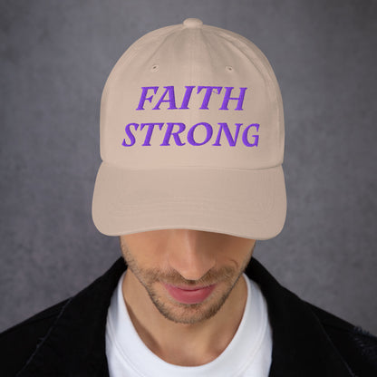 Model is wearing a Faith Strong embroidered hat – bold purple text, stone adjustable unisex cap by ReBirth Living