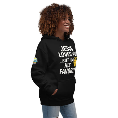 Faith-based hoodie, black, "Jesus Loves You But I'm His Favorite" – ReBirth Living