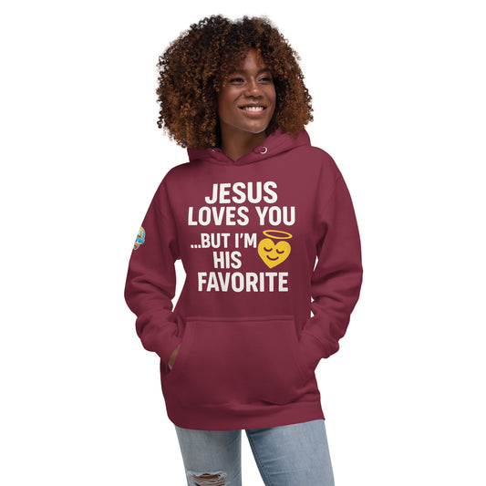 Faith-based hoodie, maroon, "Jesus Loves You But I'm His Favorite" – ReBirth Living