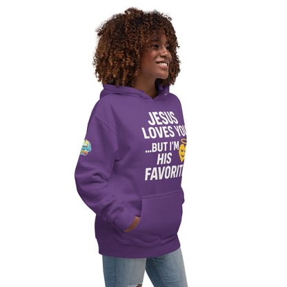 Faith-based hoodie, purple, "Jesus Loves You But I'm His Favorite" – ReBirth Living